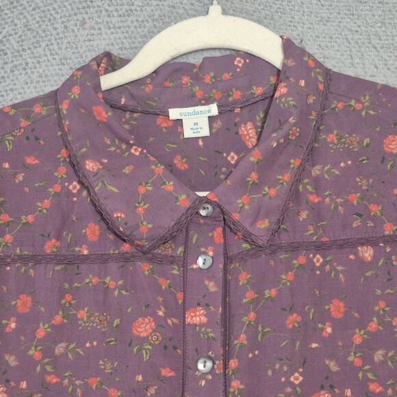 Sundance Women's Floral Long Sleeve Lace Trim Button Up Shirt Dress M Boho - Picture 2 of 5